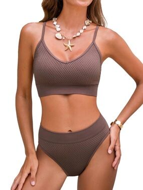Cupshe Taupe Textured High-Waist Bikini Set Small NWT
